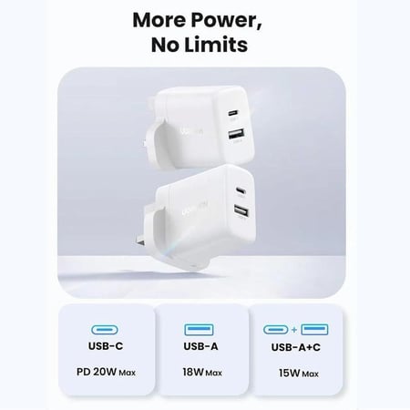 شاحن جداري بمنفذ USB-C ومنفذ USB وبقوة 20 واط من يوجرين
