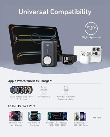 بطارية انكر ماج جو بسعة 10000 ملي امبير بقوة 35 واط يدعم شحن ساعة ابل مع منفذ تايب سي وسلك مدمج تايب سي - اسود