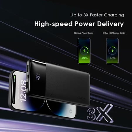 شاحن متنقل أورايمو توست بايت بمنفذ USB-C ومنفذين USB ومنفذ Micro بسعة 10000 مللي أمبير وبقوة 22.5 واط - أسود