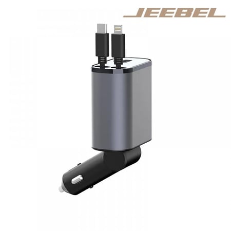جيبل - شاحن سيارة سريع، مدمج كابل لاينتنغ وكابل USB-C قابل للسحب , ومنفذ USB-C ومنفذ USB، بقوة 120 واط