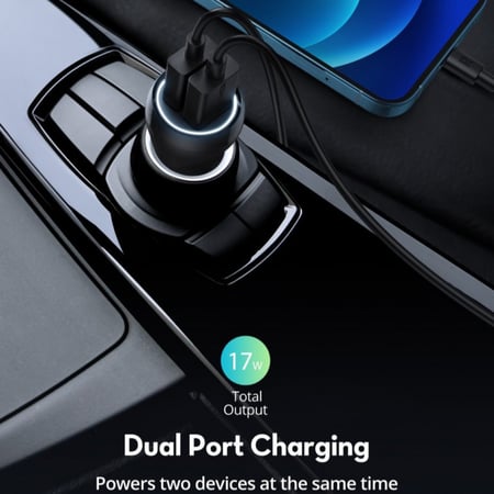 كومبو راف باور شاحن سيارة ، كيبل USB-A الى لايتننق ، حامل جوال للسيارة - اسود
