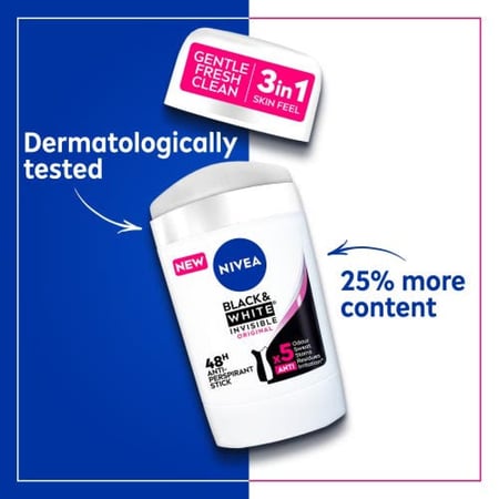 نيفيا مزيل عرق ستيك بلاك آند وايت للنساء 50 ملNivea Antiperspirant Black & White Women Stick 50 ml