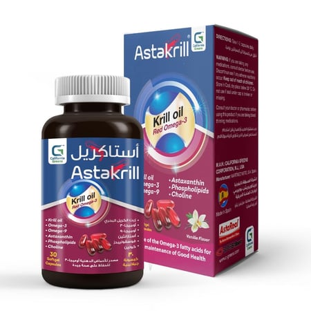 كاليفورنيا جرينز أستاكريل، مكمل غذائي، زيت الكريل البحري - 30 كبسولة