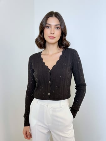 كارديجان أسود محبوك فاخر مطرز بالخرز | جاكيت شتوي نسائي قصير