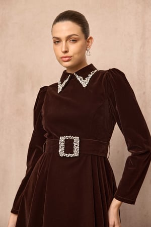 فستان بني مخمل مطرز