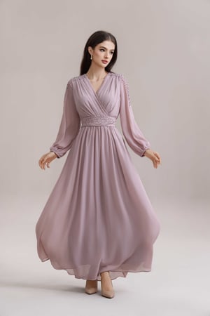 فستان شيفون مطرز الكم