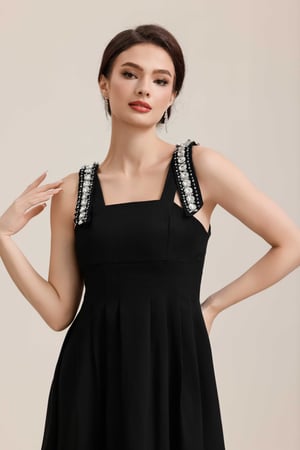 فستان اسود ميدي كسرات الكتف تطريز