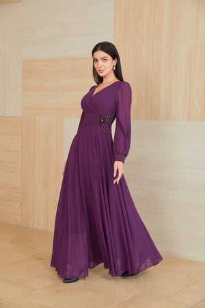 فستان موف شيفون تطريز بالخصر