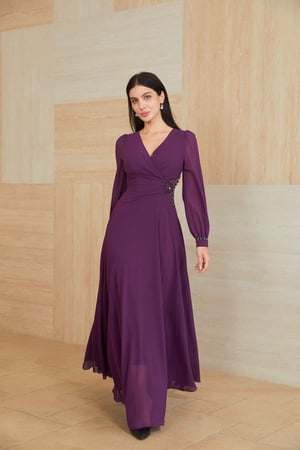 فستان موف شيفون تطريز بالخصر