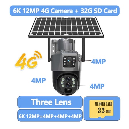كاميرا بالطاقة الشمسية ، 3 عدسات ، 12 ميجابكسل 6K ، 4G ، 10x Zoom