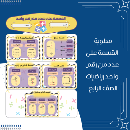 مطوية القسمة على عدد من رقم واحد رياضيات الصف الرابع الترم الثاني