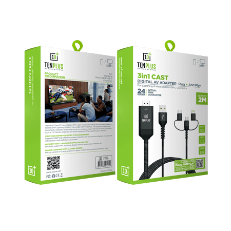 كيبل HDMI مع عدة مخارج LIGHTNING&USB-C&MICRO&USB-A مصنوع من القماش بطول 2M من تن بلس