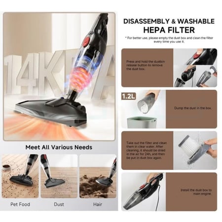 مكنسة كهربائية محمولة 2 في 1 خفيفة الوزن وقوية مع فلتر HEPA للمنزل والسيارة - أسود
