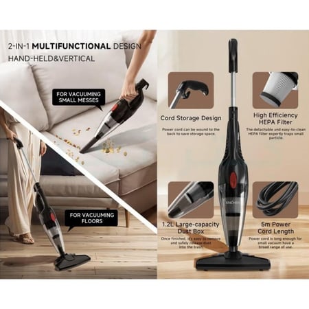 مكنسة كهربائية محمولة 2 في 1 خفيفة الوزن وقوية مع فلتر HEPA للمنزل والسيارة - أسود