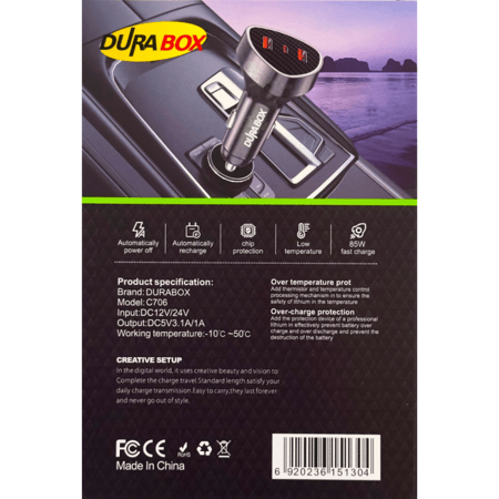 شاحن سيارة دورابوكس - موديل C706، بقدرة 85 واط، يدعم تقنية PD+QC