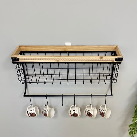 رف جداري حديد وخشب مع حامل اكواب