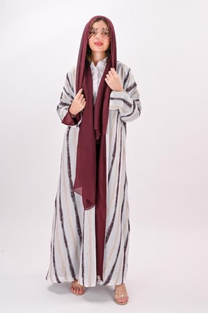 عباية لنن مقلم - بيج وعودي