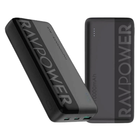 بكج بطاريتين راف باور بقوة 20 واط بسعة 10000 + 20000 ملي امبير منفذين تايب سي و منفذ يو اس بي - اسود