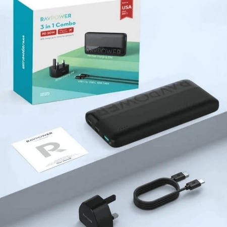 بكج راف باور بطارية بقوة 20 واط بسعة 10000 ملي امبير بمنفذين تايب سي ومنفذ يو اس بي + شاحن جداري بقوة 20 واط بمنفذ تايب سي + سلك تايب سي الى تايب سي