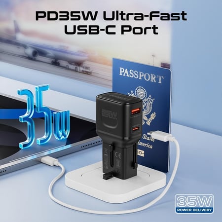 محول سفر عالمي Promate TriPlug-PD35 شاحن سريع 35W USB-C متعدد المقابس