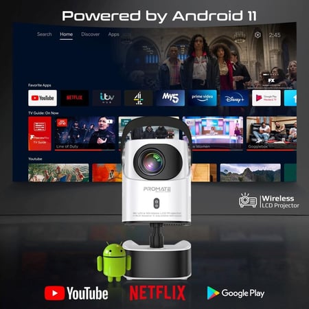 بروجكتر 4K Ultra HD LCD – سطوع 250 لومن، أندرويد 11، واي فاي وبلوتوث، صوت مدم