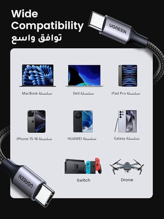 كيبل شحن تايب سي إلى تايب سي 60W – ضمان سنتين معتمد، شحن سريع لـ iPhone 16 وiPhone 17 وآيباد وماك بوك بطول 2m