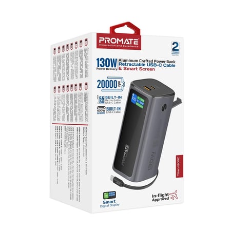 بروميت باور بانك 20000mAh شحن سريع 130 واط USB-C PD مع كابل مدمج وشاشة رقمية