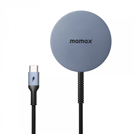 شاحن لاسلكي موماكس بتقنية كيو ماج 2 المتوافقه مع تقنية الماج سيف بقوة 15 واط وسلك مدمج بطول 1.2م - رمادي