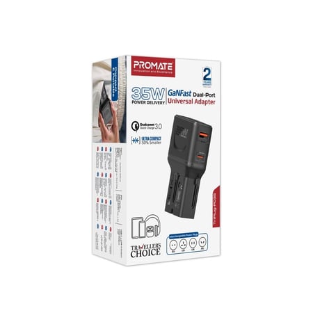 محول سفر عالمي Promate TriPlug-PD35 شاحن سريع 35W USB-C متعدد المقابس