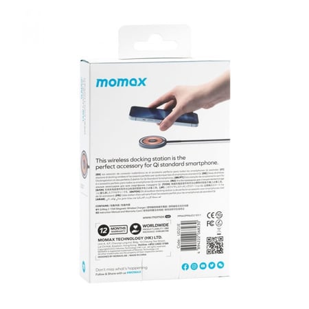 شاحن لاسلكي موماكس بتقنية كيو ماج 2 المتوافقه مع تقنية الماج سيف بقوة 15 واط وسلك مدمج بطول 1.2م - رمادي