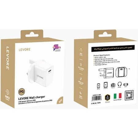 شاحن جداري ليفوري 25 واط منفذ PD - أبيض