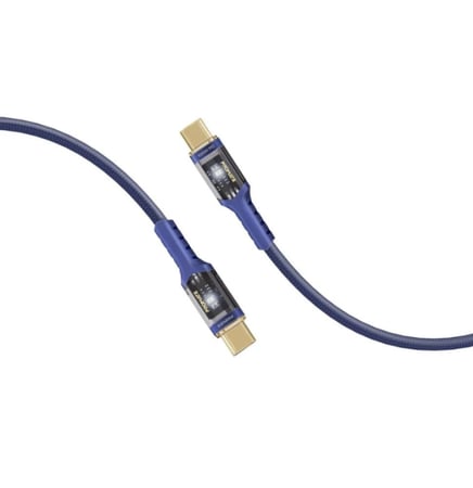 كابل USB-C فائق السرعة لتوصيل الطاقة بقوة 100 واط، مزود برؤوس شفافة لتجربة شحن لا مثيل لها، يدعم نقل البيانات والشحن السريع مع ضوء LED لمؤشر الشحن بطول 1.2 متر وعمر انحناء يزيد عن 25000 مرة، رأس شحن مطلي بالذهب باللون الكحلي- Promate LucidLine-CC120