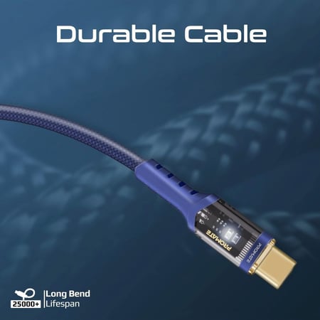كابل USB-C فائق السرعة لتوصيل الطاقة بقوة 100 واط، مزود برؤوس شفافة لتجربة شحن لا مثيل لها، يدعم نقل البيانات والشحن السريع مع ضوء LED لمؤشر الشحن بطول 1.2 متر وعمر انحناء يزيد عن 25000 مرة، رأس شحن مطلي بالذهب باللون الكحلي- Promate LucidLine-CC120