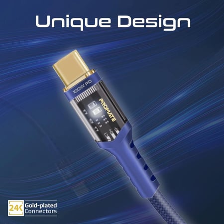 كابل USB-C فائق السرعة لتوصيل الطاقة بقوة 100 واط، مزود برؤوس شفافة لتجربة شحن لا مثيل لها، يدعم نقل البيانات والشحن السريع مع ضوء LED لمؤشر الشحن بطول 1.2 متر وعمر انحناء يزيد عن 25000 مرة، رأس شحن مطلي بالذهب باللون الكحلي- Promate LucidLine-CC120