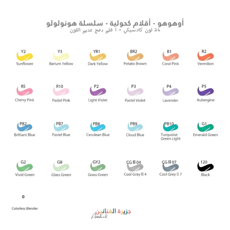 24 لون أساسي + قلم دمج + حقيبة - ماركر كحولي Ohuhu مزدوج الطرف (فرشاة-مشطوب) للتلوين والرسم والتخطيط الفني