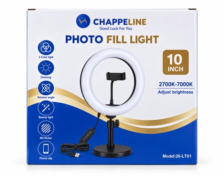 رينج لايت CHAPPELINE مقاس 10 إنش مع حامل جوال بطول مترين – 26-LT01