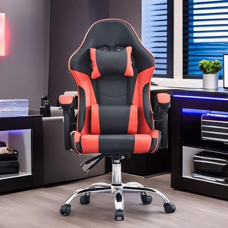 كرسي العاب قيمنق بعجلات قابل للتعديل والدوران , مسند مريح للظهر والرقبة لون اسود واحمر