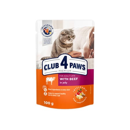 طعام رطب للقطط البالغة لحم البقر مع الجلي CLUB 4 PAWS
