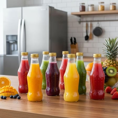 مجموعة قوارير بلاستيك شفافة (12 حبه) للعصائر والمشروبات الباردة غطاء ذهبي وفضي