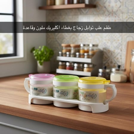 طقم علب توابل وبهارات زجاج من 3 قطع بغطاء اكليريك ملون وقاعدة بلاستيك
