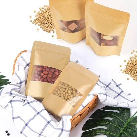 اكياس مكسرات ورق كرافت بقاعدة وسحاب ونافذة (متوفر 3 احجام)