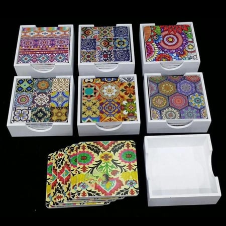 مجموعة قواعد اكواب خشب (6 قطع) مع قاعدة | بالشكل المربع