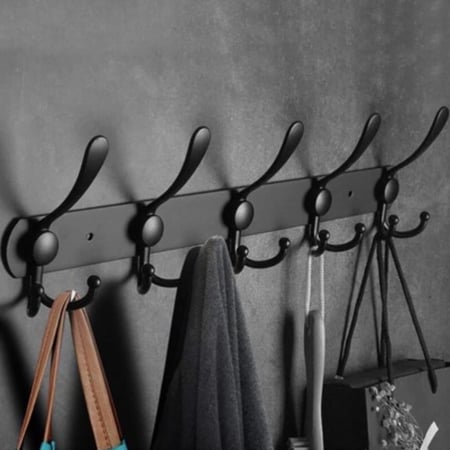 علاقة ملابس جدارية معدنية باللون الاسود والابيض |  5 خطافات مزدوجة