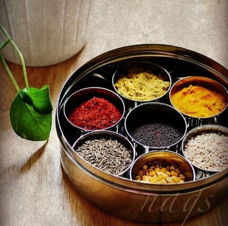 حافظة توابل من الستانلس ستيل مع غطاء شفاف و 7 علب و 3 ملاعق