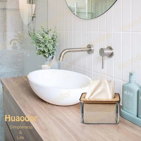 علبة مناديل اكليريك صغيرة بغطاء خشب