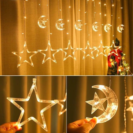ديكورات ستارة وأضواء LED باللون الأصفر مصممة بزينة على شكل نجوم وهلال | 2.5 متر (متوفر موديلين)