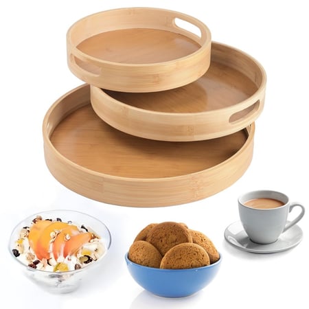 صواني تقديم خشب دائرية بمقابض (متوفر 3 احجام)