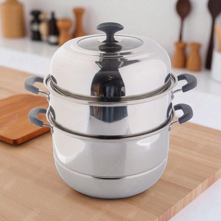 قدر الطهي بالبخار بطبقتين من الستانلس ستيل مع غطاء زجاجي 30سم