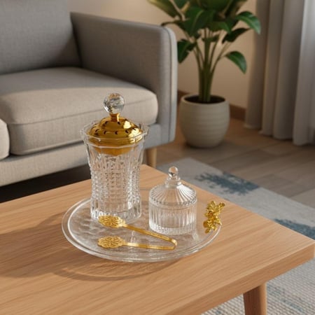 طقم مبخرة زجاج فاخرة مع صحن بديكور ذهبي