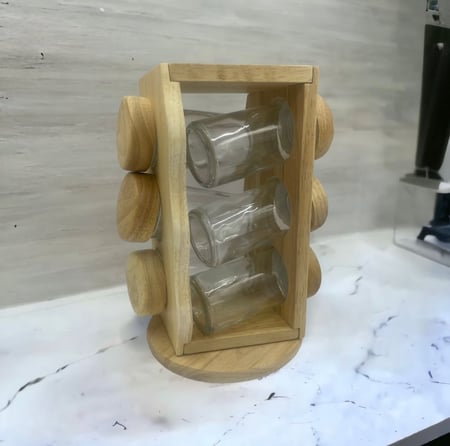 طقم علب توابل بحامل خشب (6 حبات) صناعة تايلندي